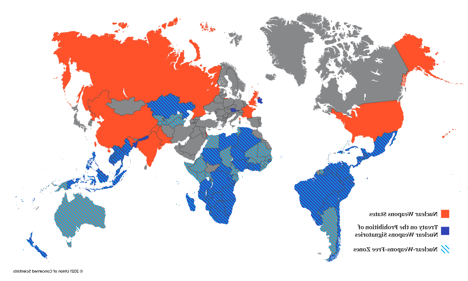 世界地图显示有核武器的国家, TPNW签署国, 以及无核武器区的国家